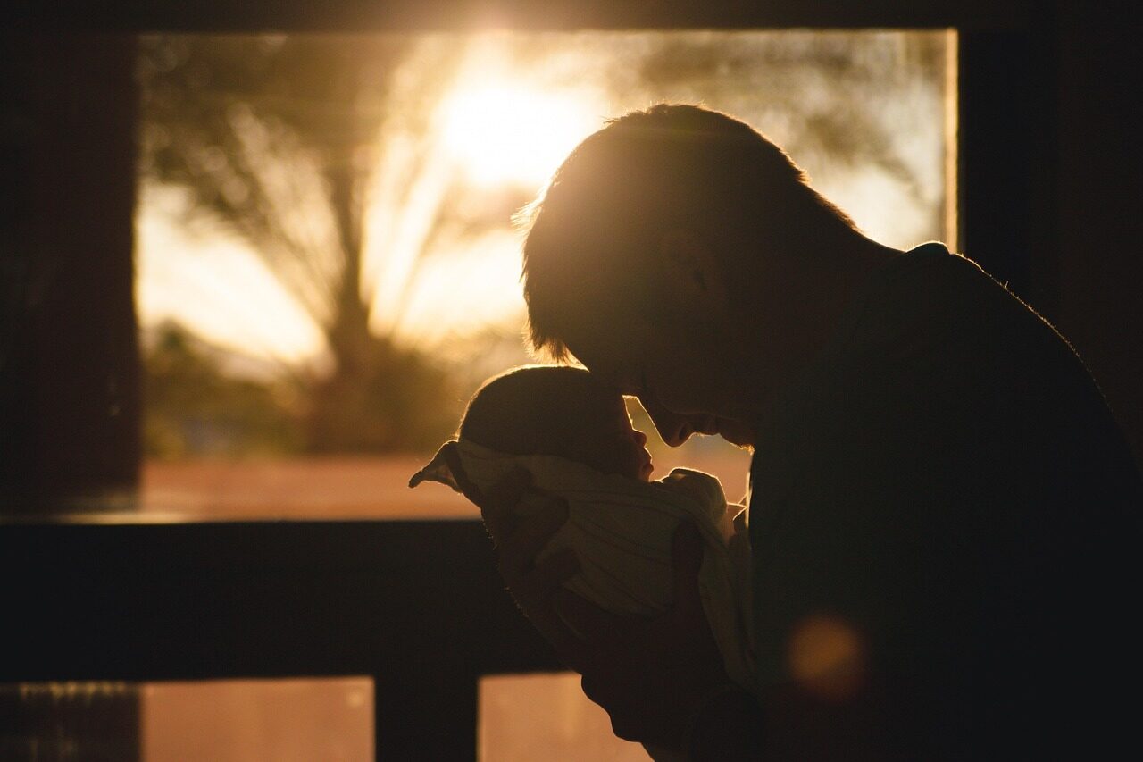 baby, child, father, nature, parent, fatherhood, parenthood, family, guy, man, people, love, silhouette, sunrise, morning, fathers day