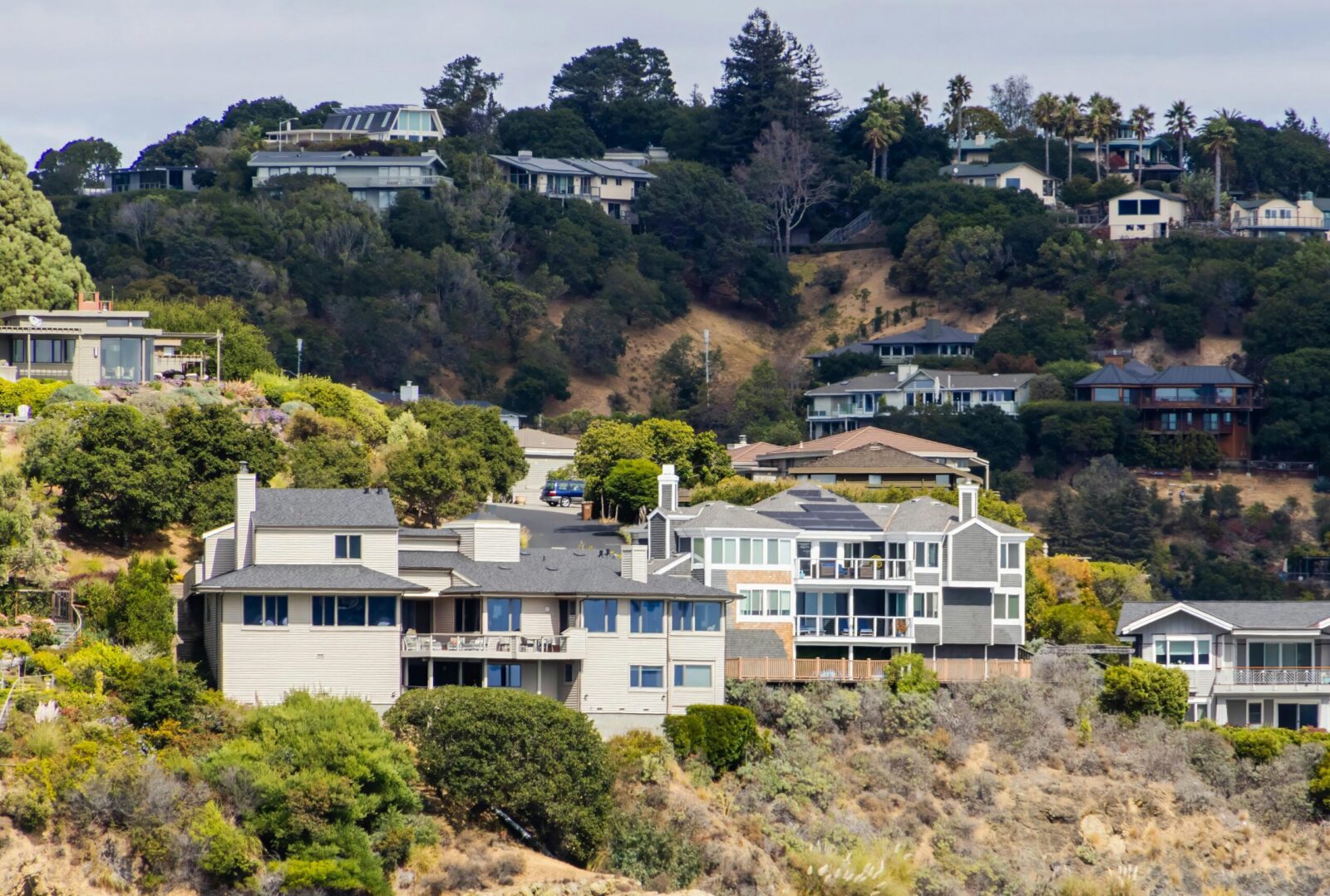 A picturesque view of modern houses on a hillside surrounded by lush greenery, showcasing urban residential architecture.