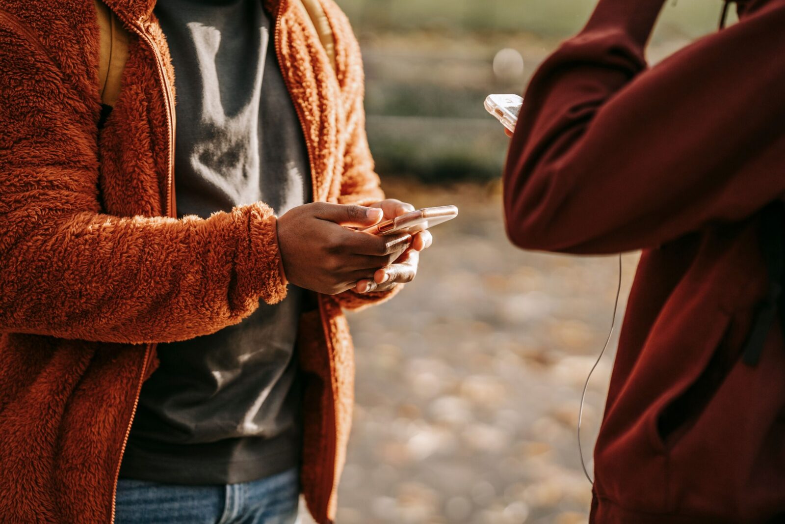 Crop unrecognizable friends in casual clothes surfing mobile phones while standing in sunny autumn park
