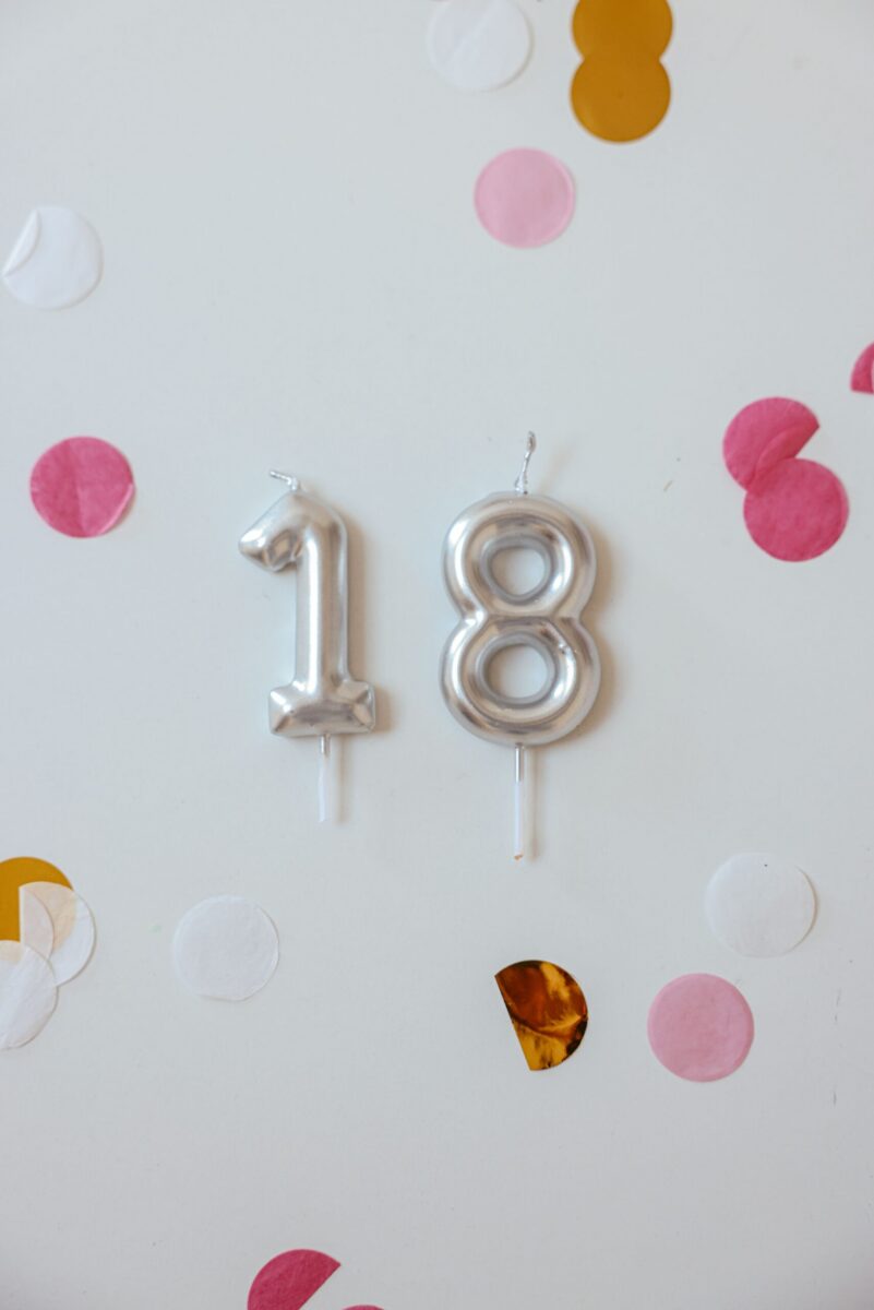 Festive decor with silver number candles on a white background, ideal for 18th birthday celebrations.